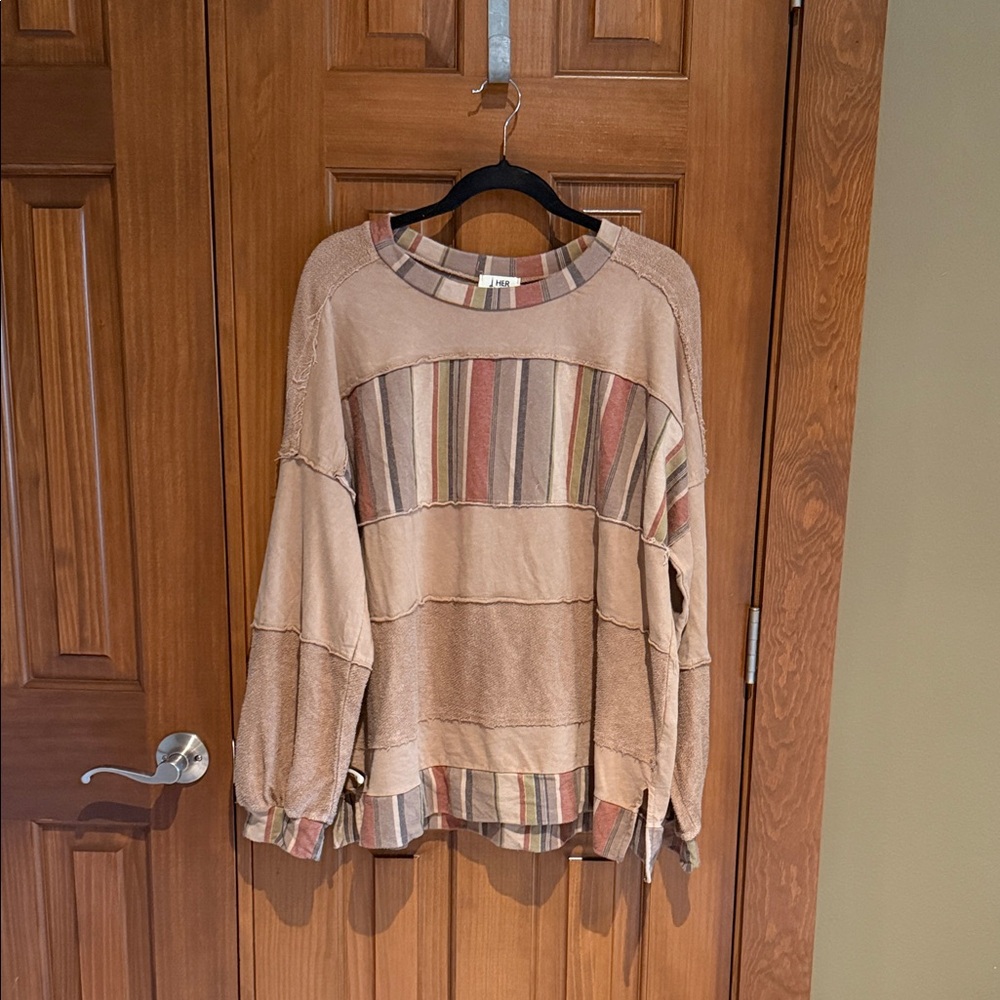 J.Her Neutral Beige Striped Patchwork Pullover Sweatshirt